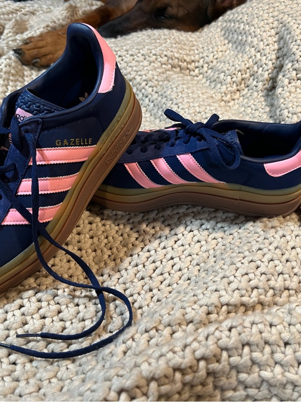 adidas Gazelle Navy Sneakers with Pink Stripes and Gum Sole